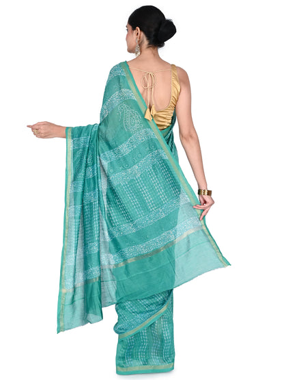 Hand Block Printed Cotton-Silk Saree from Bagh, Madhya Pradesh. Teal green traditional Indian ethnic wear for women with a matching blouse piece By naitri.in
