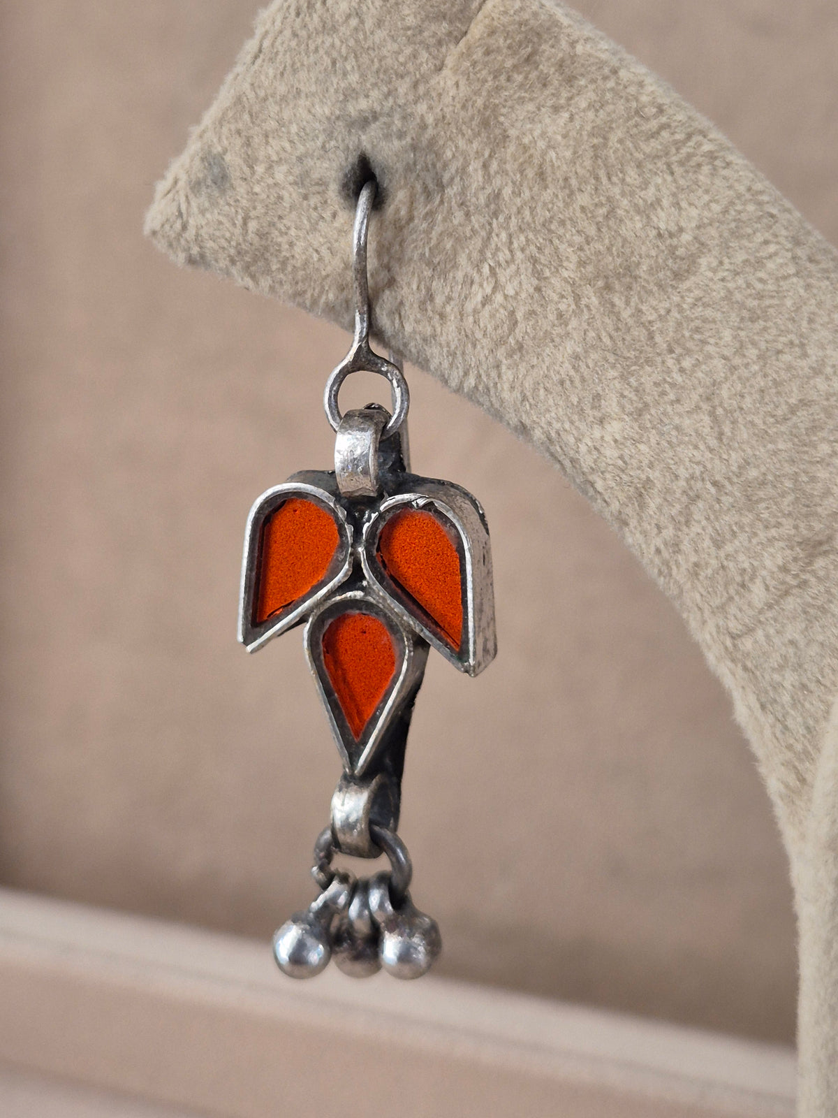 Pair of red leaf-shaped glass drop earrings with silver bead details, Handcrafted red glass dangle earrings with silver alloy accents by naitri.in