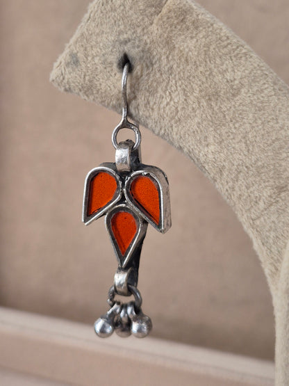 Pair of red leaf-shaped glass drop earrings with silver bead details, Handcrafted red glass dangle earrings with silver alloy accents by naitri.in