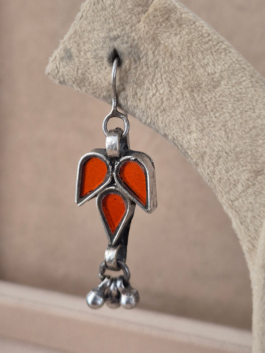 Pair of red leaf-shaped glass drop earrings with silver bead details, Handcrafted red glass dangle earrings with silver alloy accents by naitri.in