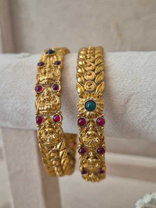 Bhaghirathi Bangles set of 2, traditional Indian gold-plated bangles with red and green stones, ethnic festive and wedding jewelry by Naitri.in