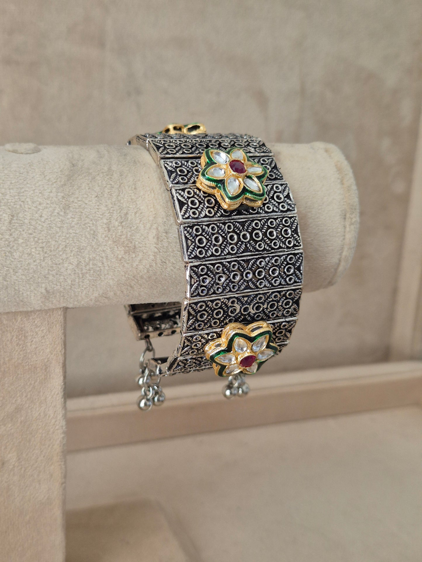 Close-up of Naitri Bharti premium oxidized silver cuff bracelet showcasing traditional Indian tribal craftsmanship with an antique, vintage finish by naitri.in