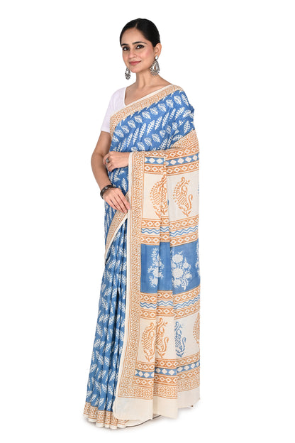 Brijika Hand Block Printed Cotton Saree from Bagh, Madhya Pradesh, featuring traditional blue and beige artisanal patterns by naitri.in