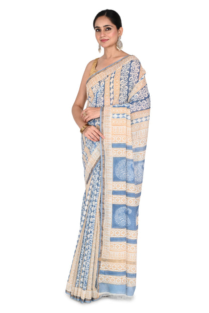 this saree carries forward the legacy of traditional block printing through finely detailed patterns created by skilled artisan by naitir.in
