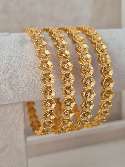 Deepa Bangles set of 4 – traditional gold-plated bangles with intricate textured geometric detailing by Naitri.in