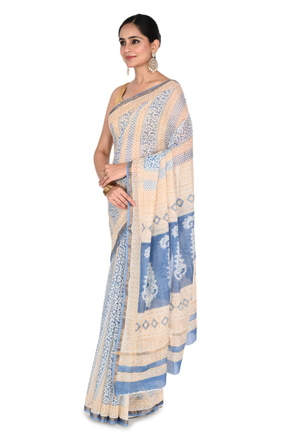 Light blue and beige hand block printed saree with a gold-toned border and matching blouse by naitri.in
