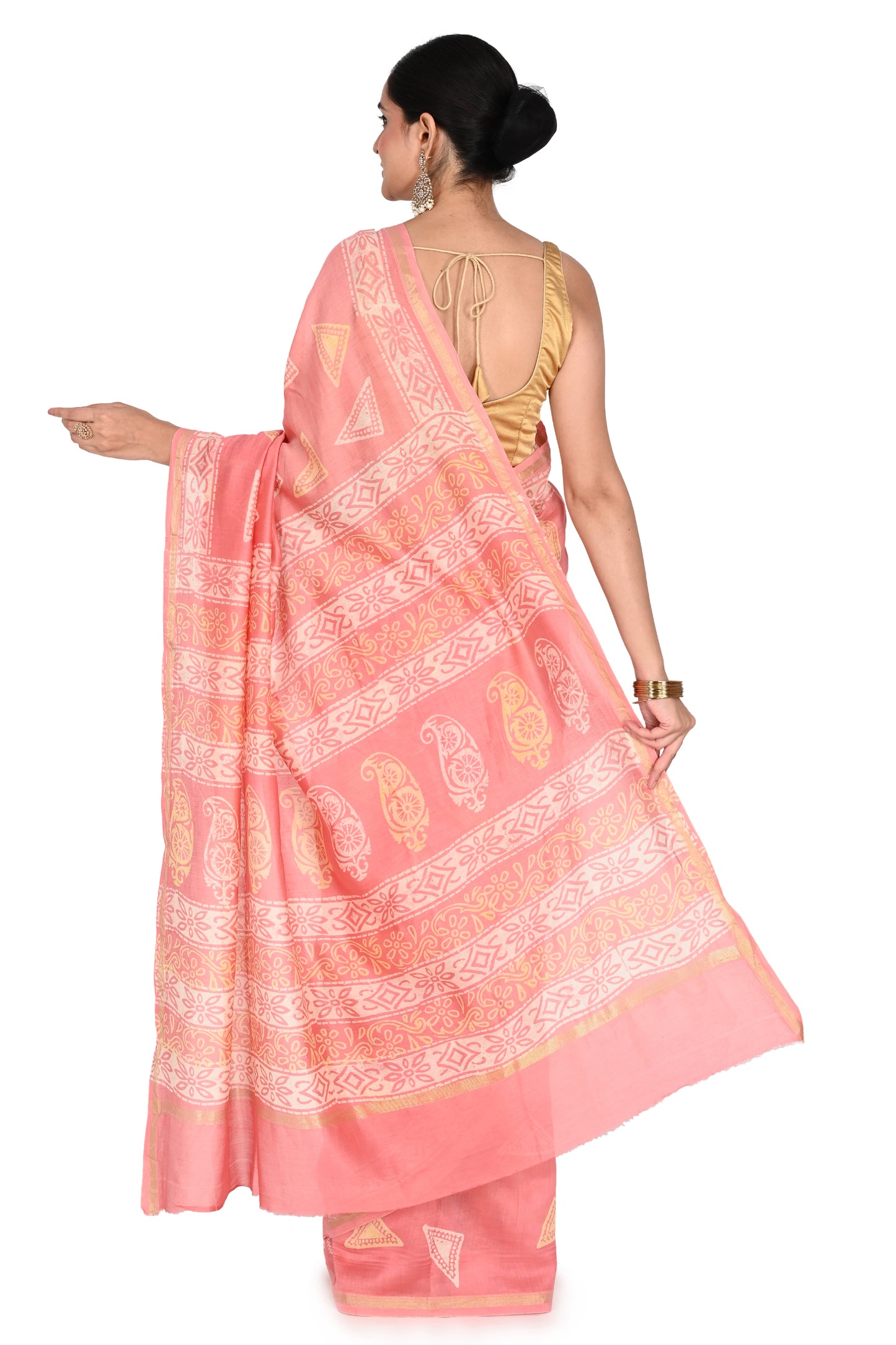 Peach hand block printed saree handcrafted in Bagh, Madhya Pradesh, combining traditional art with contemporary cotton-silk fabric by naitri.in