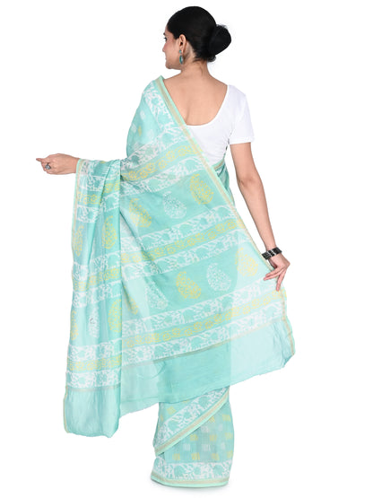 A soft seafoam green cotton-silk saree featuring intricate white and yellow hand-block printed floral and geometric motifs, handmade in Bagh, Madhya Pradesh by naitri.in