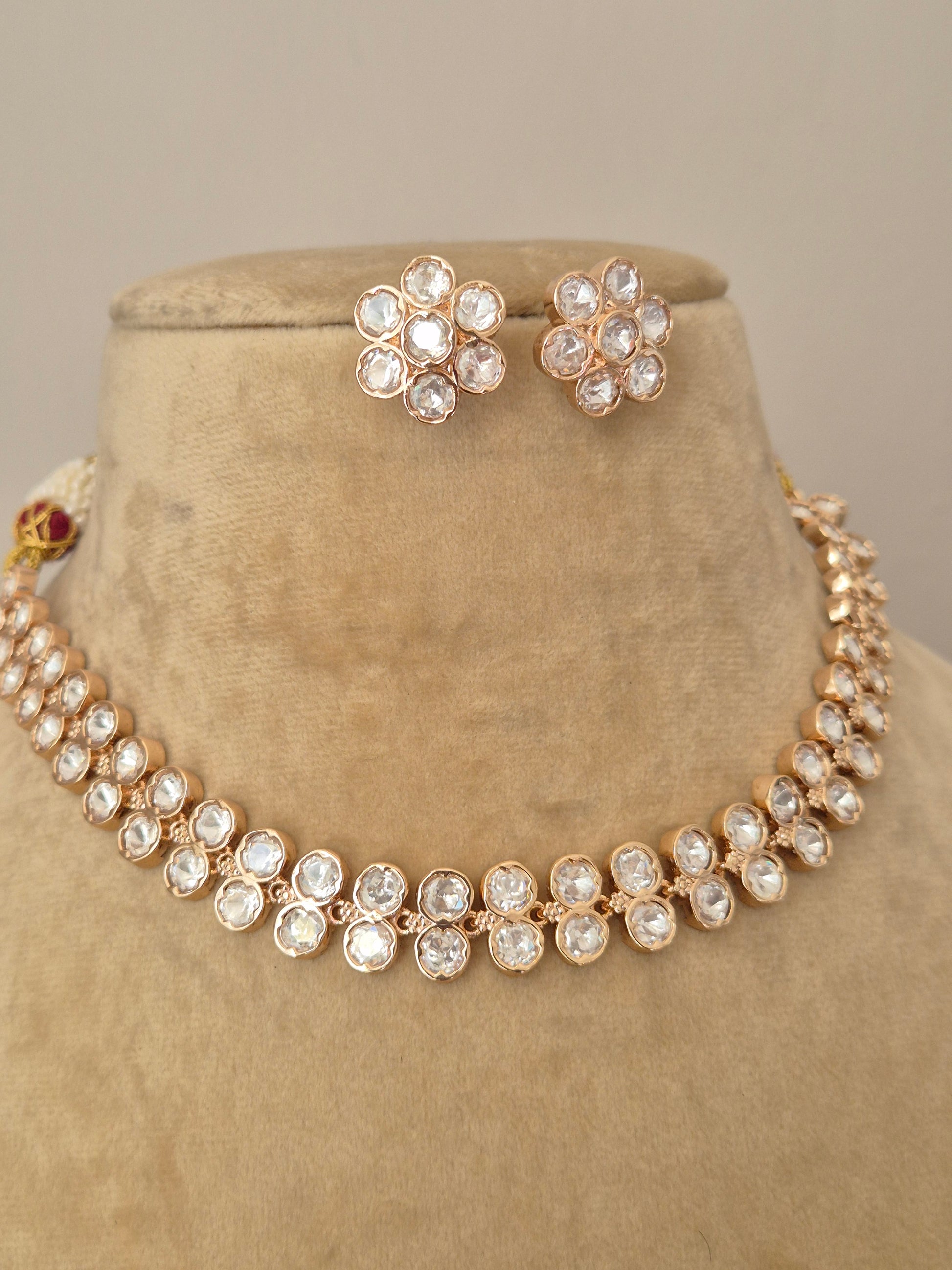 Handcrafted festive jewelry set: AD crystal necklace and earrings for weddings, parties, and bridesmaid outfits by naitri.in
