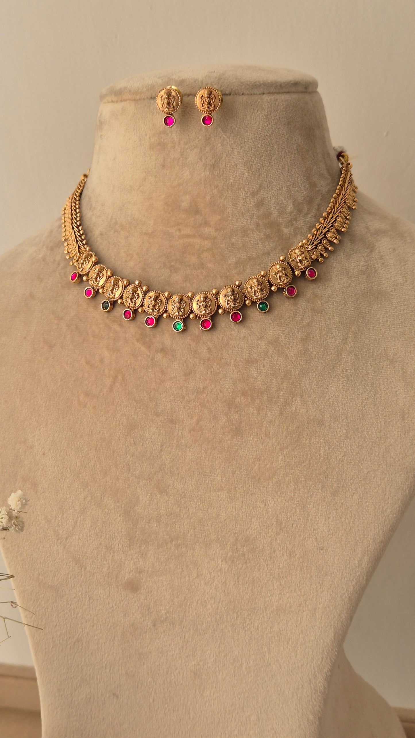 Gold necklace with colorful stones coin design, Delicate easy to carry for any occasion, party, wedding, festivals by naitri.in