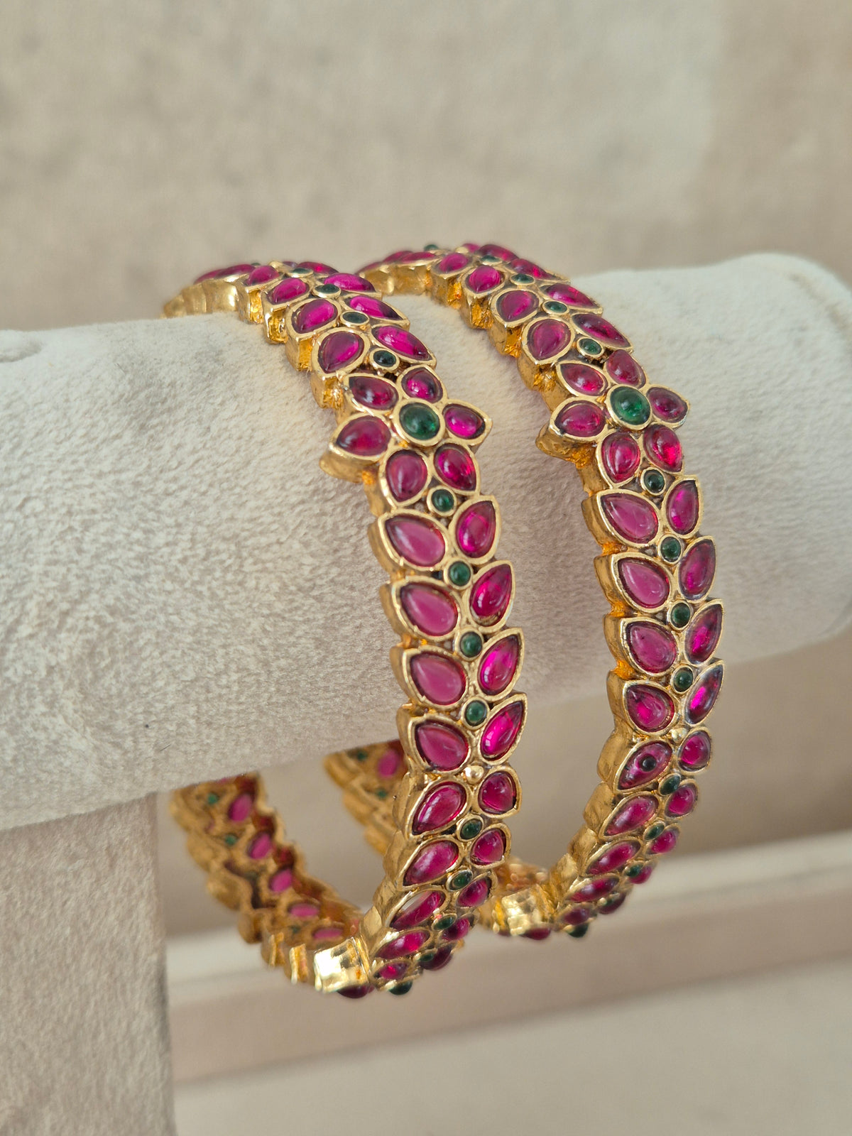 Maanya Bangles set of 2 – traditional gold-plated ethnic bangles with pink and green stone work by Naitri.in