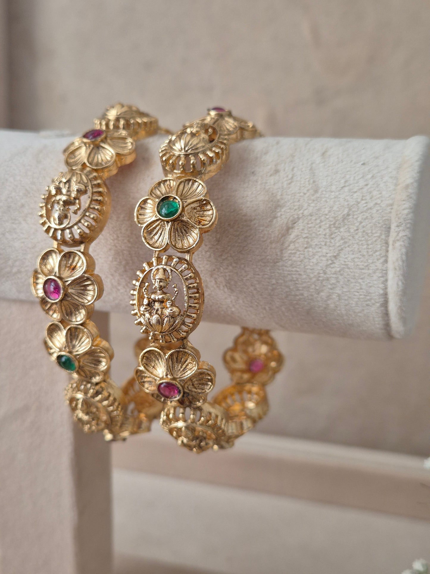 Maitri Bangles set of 2, traditional Indian gold-plated bangles with red and green stones, ethnic festive and bridal jewelry collection by Naitri.in
