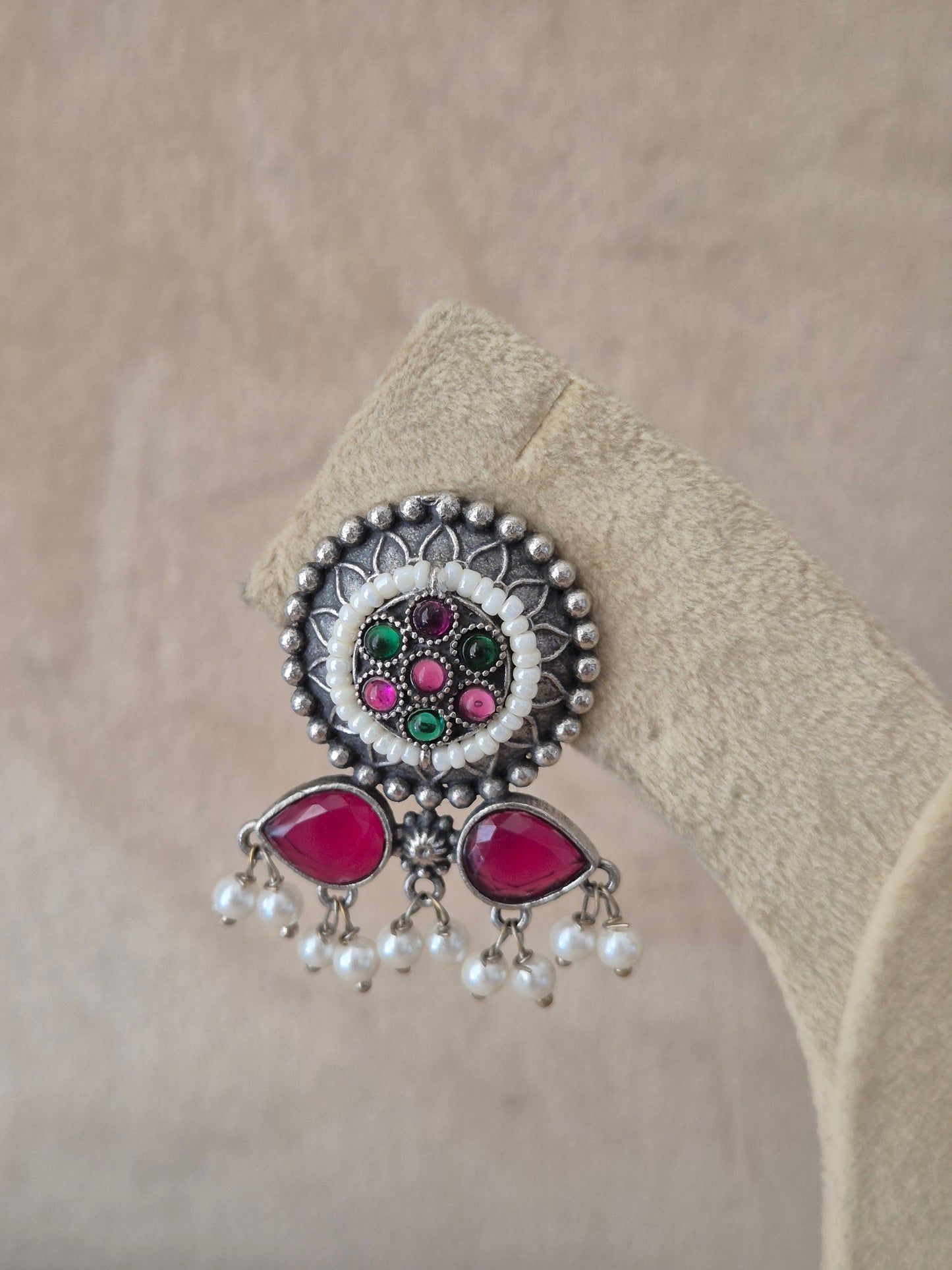 Naitri premium Mamta silver oxidized dangle earrings with pink gemstones from the Silver Jewellery collection by naitri.in