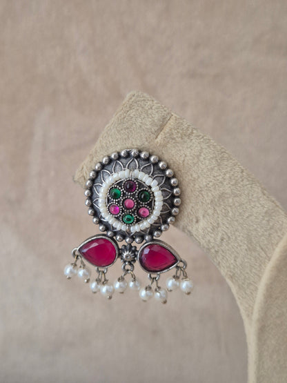 Naitri premium Mamta silver oxidized dangle earrings with pink gemstones from the Silver Jewellery collection by naitri.in