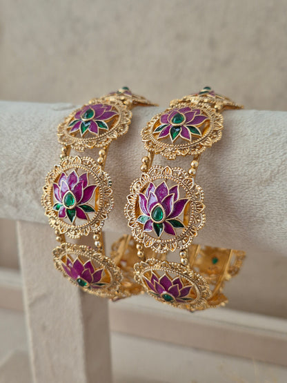 traditional gold-plated ethnic bangles with pink lotus Meenakari design and green stone work by Naitri.in