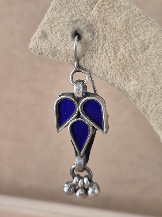 Pair of blue leaf-shaped glass drop earrings with silver bead details, Handcrafted blue glass dangle earrings with silver alloy accents by naitri.in