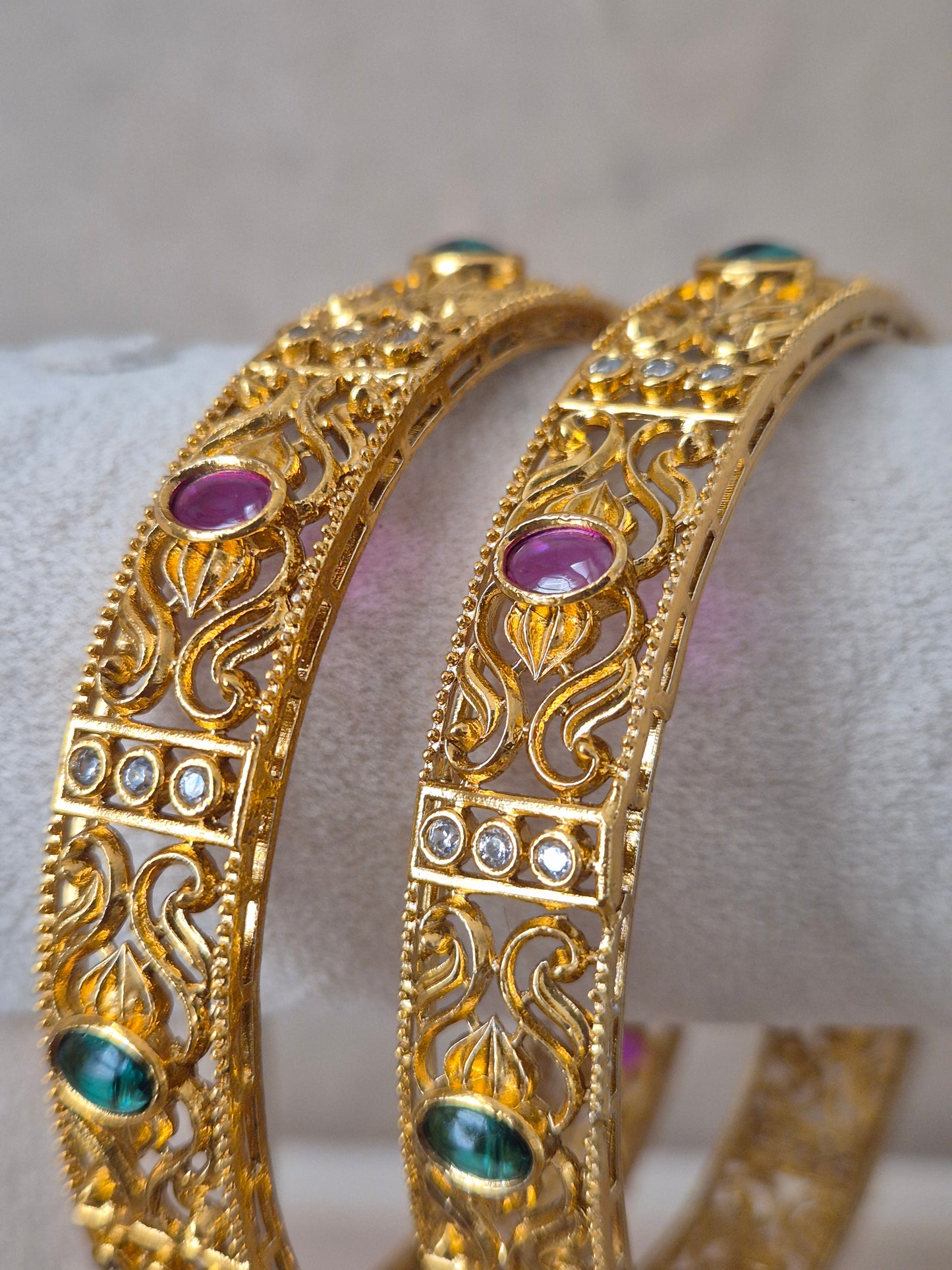 Nagma Bangles set of 2, traditional Indian gold-plated bangles with red and green stones, ethnic festive and bridal jewelry collection by Naitri.in
