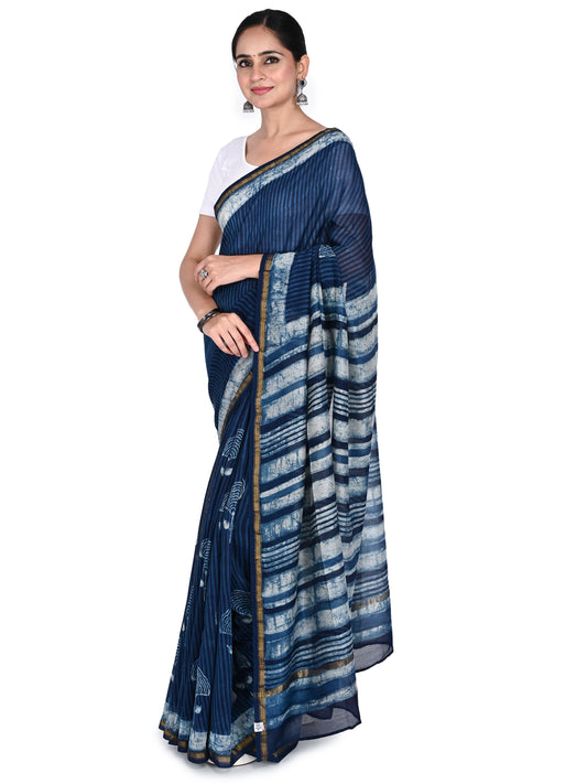 navy blue hand block printed cotton-silk saree by Naitri. Traditional Bagh print saree with gold border and floral patterns, handcrafted in Madhya Pradesh