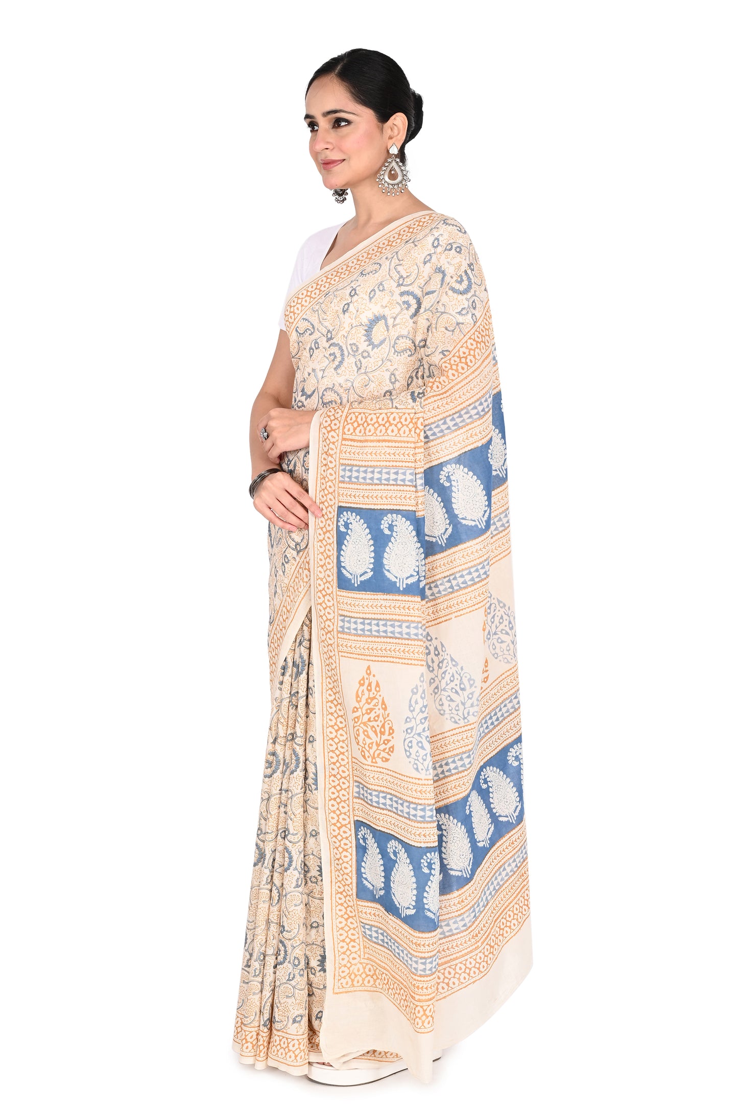 Padmaja Hand Block Printed Cotton Saree with matching blouse piece, featuring traditional Bagh print designs in blue and beige by naitri.in