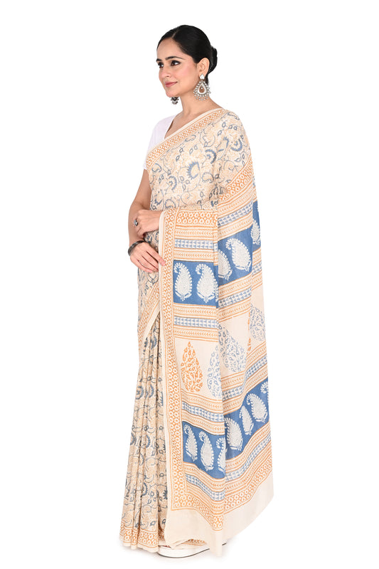 Padmaja Hand Block Printed Cotton Saree with matching blouse piece, featuring traditional Bagh print designs in blue and beige by naitri.in