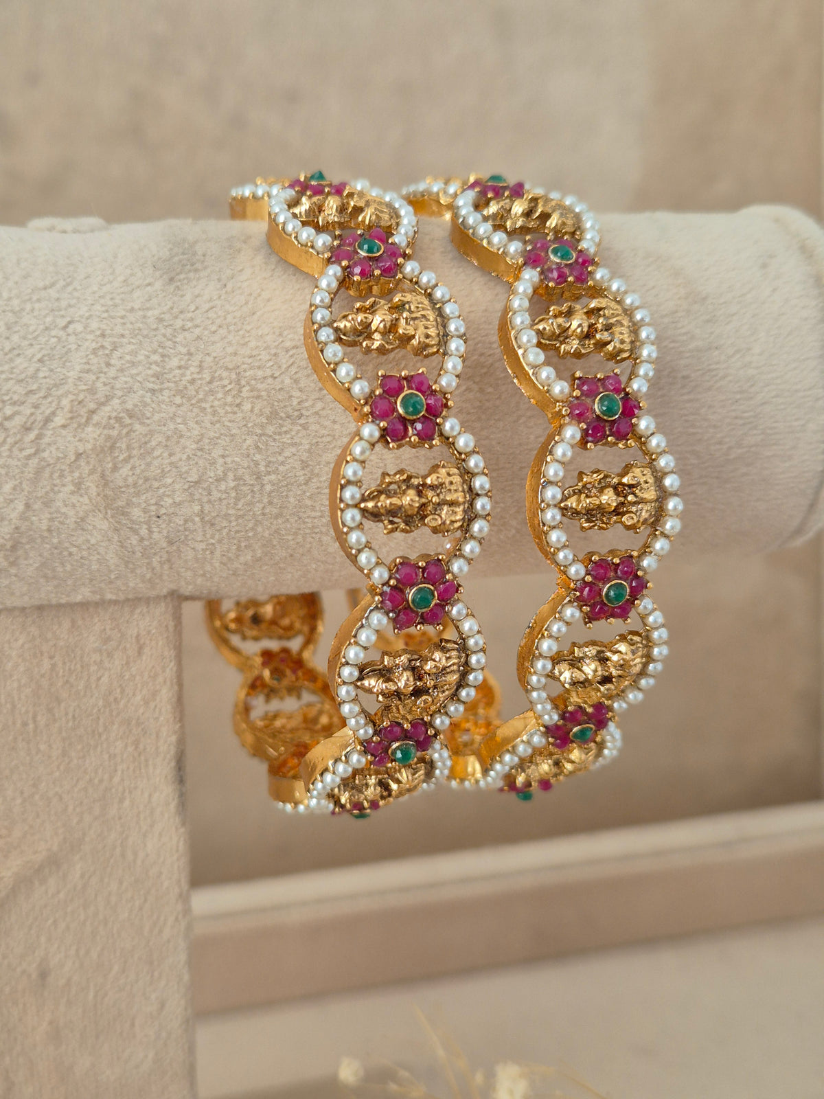 Renu Bangles set of 2 – traditional gold-plated ethnic bangles with Kundan stone and pearl detailing by Naitri.in