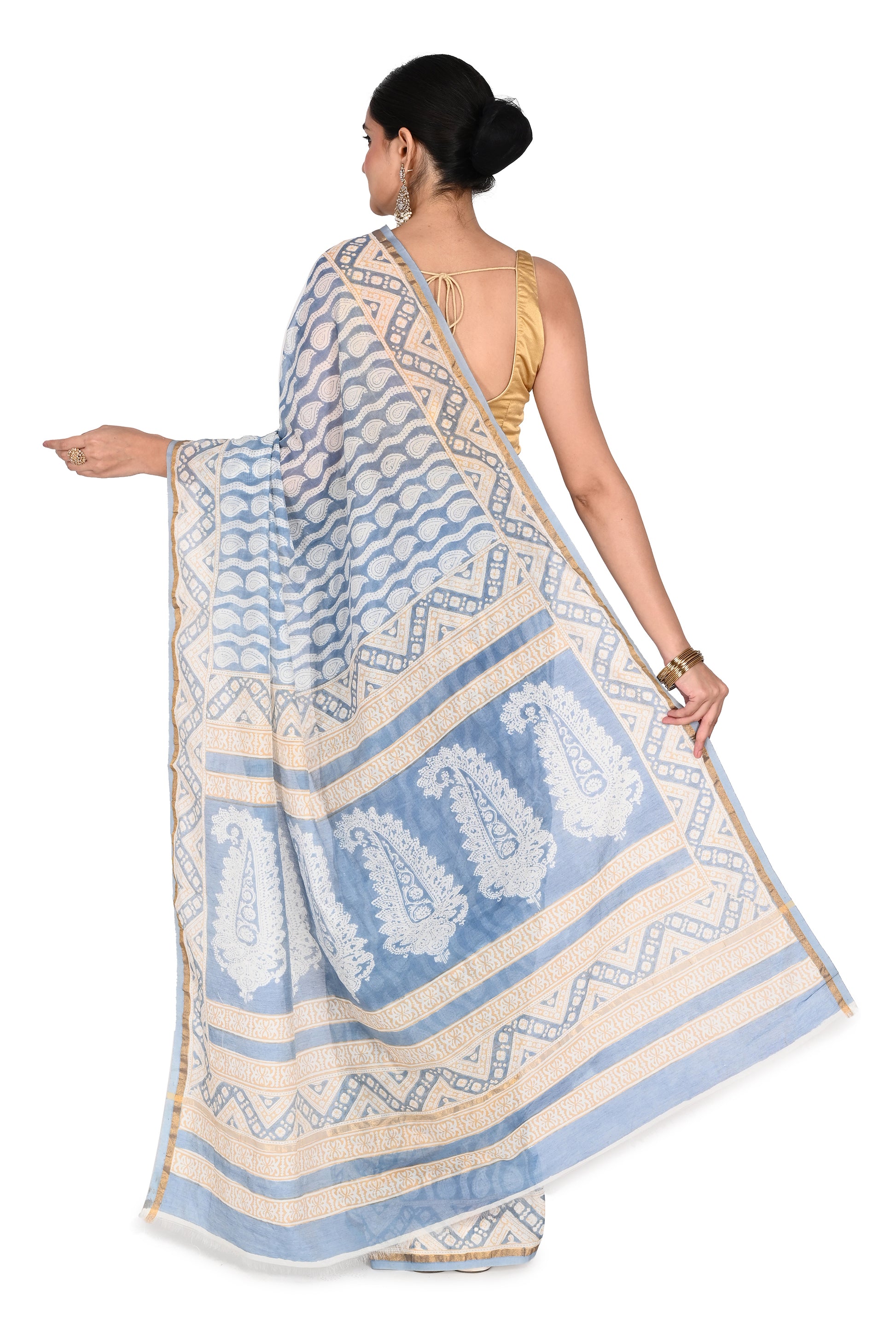 Naitri Rini Saree: Handcrafted Bagh saree in beige, blue, and white cotton silk featuring artisanal geometric block prints by naitri.in