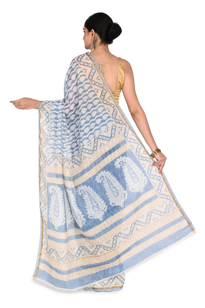 Naitri Rini Saree: Handcrafted Bagh saree in beige, blue, and white cotton silk featuring artisanal geometric block prints by naitri.in