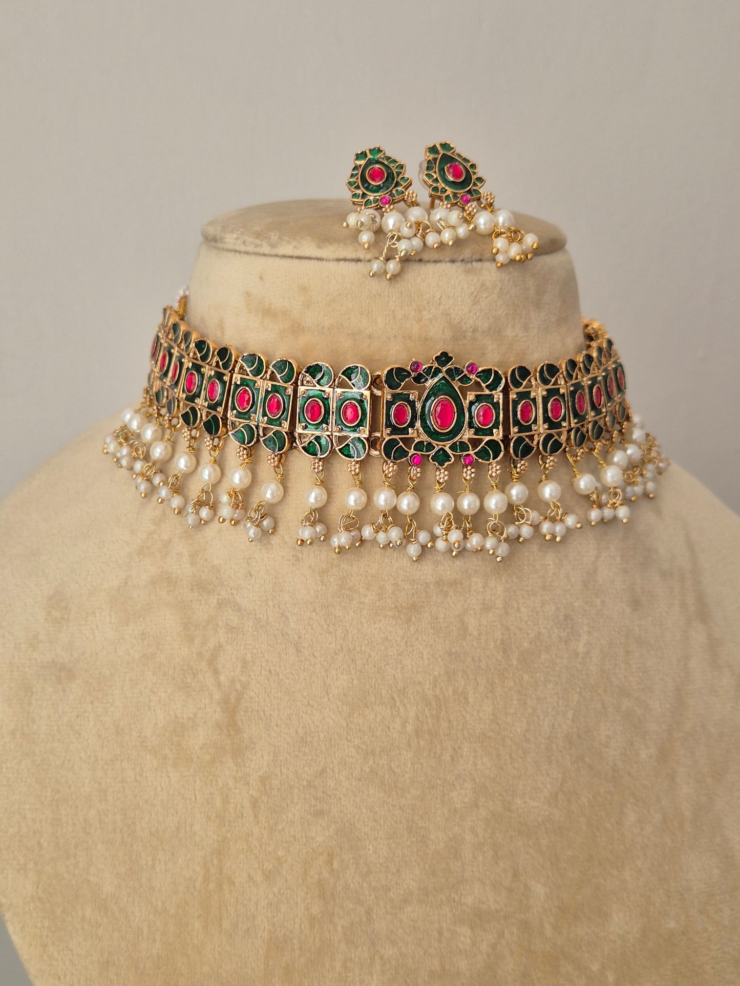 Handcrafted Indian ethnic jewelry set: Roohi Choker with vibrant stone work and pearl accents, perfect for weddings and festive wear by naitri.in