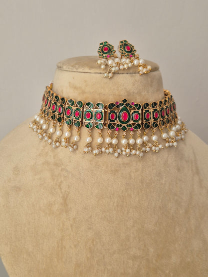 Handcrafted Indian ethnic jewelry set: Roohi Choker with vibrant stone work and pearl accents, perfect for weddings and festive wear by naitri.in