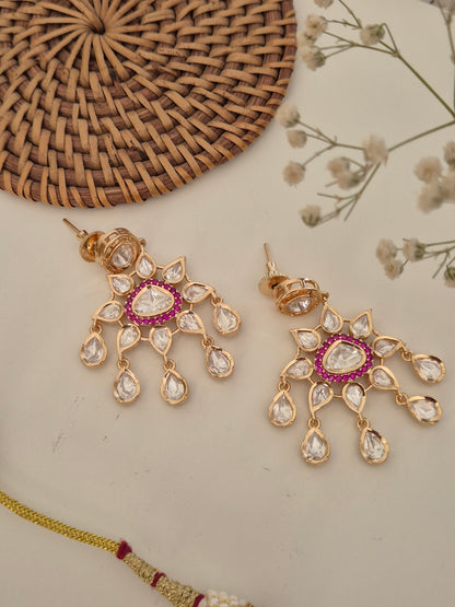 American Diamond and ruby-red stone earring set with a rose-gold polished finish by naitri.in