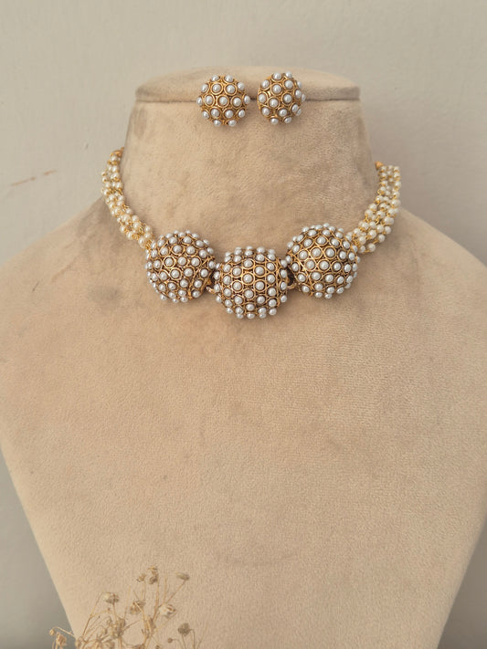 Gold and faux pearl cluster choker necklace set with matching stud earrings by naitri.in