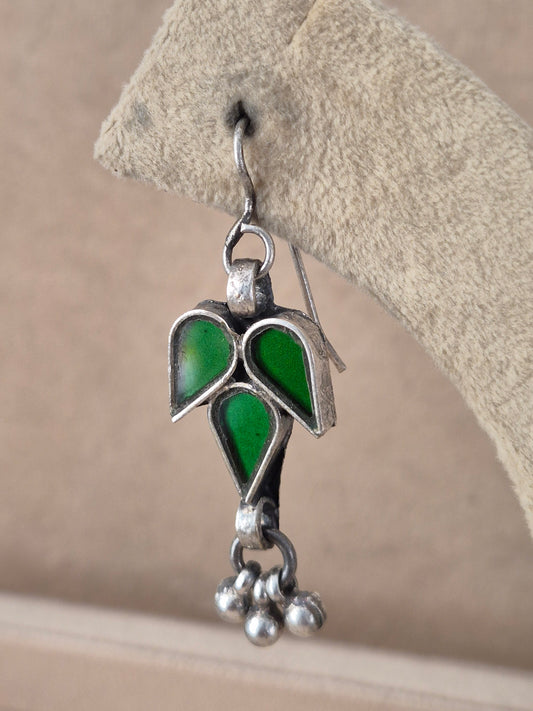 Pair of green leaf-shaped glass drop earrings with silver bead details, Handcrafted green glass dangle earrings with silver alloy accents by naitri.in