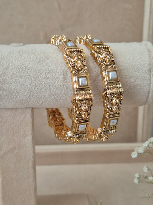 Visha Bangles set of 2, traditional Indian gold-plated bangles with white stones, ethnic festive and bridal jewelry collection by Naitri.in