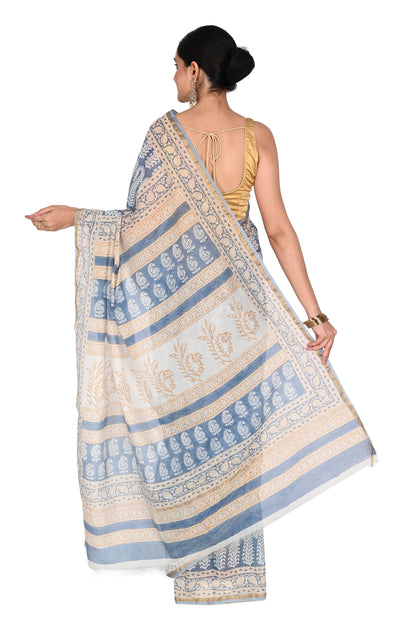 Naitri Zeenia Saree: Handcrafted Bagh saree in blue and white cotton silk featuring artisanal floral and geometric block prints by naitri.in