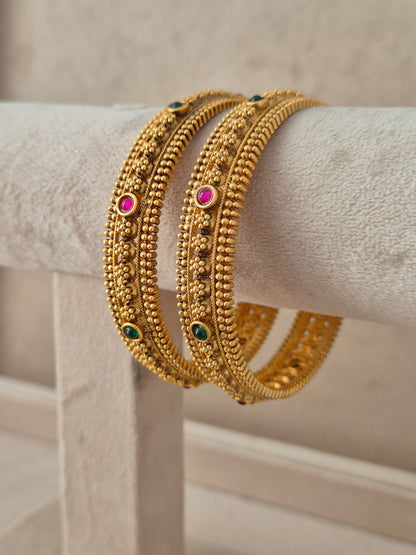 Zova Bangles set of 2 – traditional gold-plated ethnic bangles with stone and floral beadwork by Naitri.in