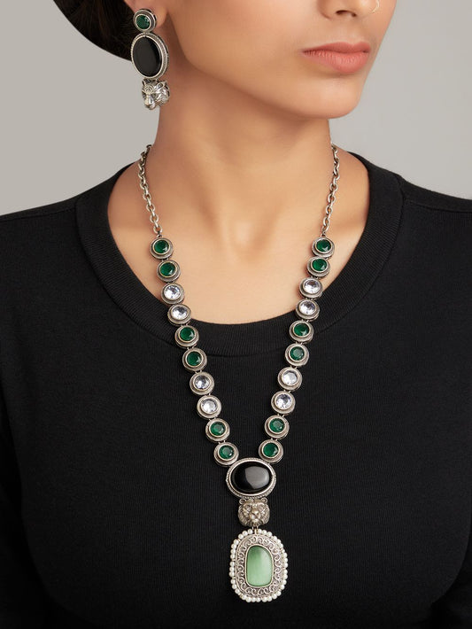 Yellow, green, black, silver oxidized necklace set, detailed craftsmanship