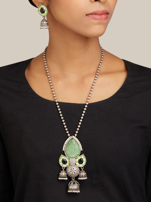 Green and red statement necklace set, Oni by Naitri, drop style seen on bust.