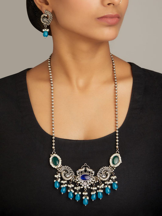 Silver and blue dangle necklace set, Amrita by Naitri, pendant style.