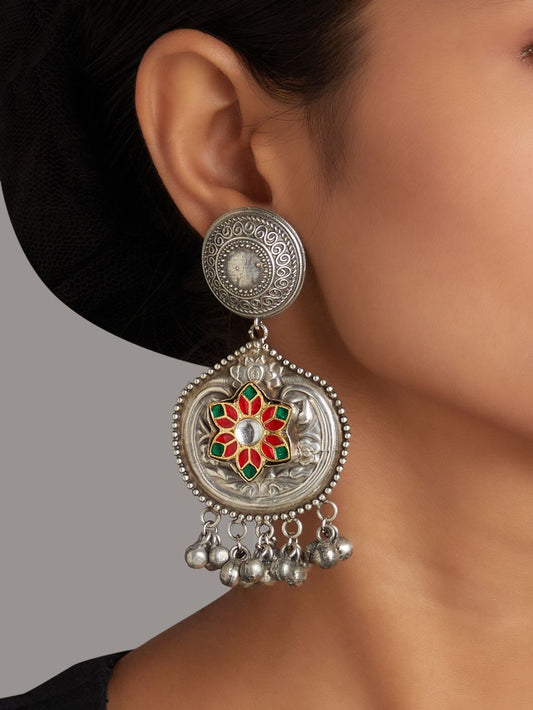 Yellow, red, green, silver dangle and drop festival earrings