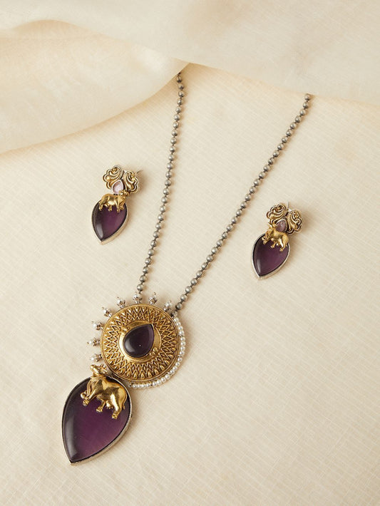 Dual-tone purple and gold necklace set, Ishani by Naitri, statement centerpiece.