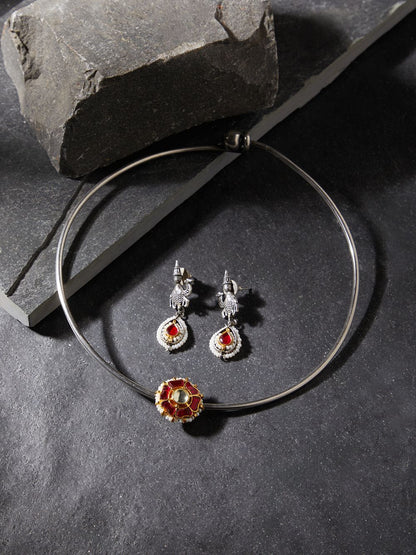 Dual-tone red and silver hasli necklace, Meesha Hasli Set by Naitri on bust form.