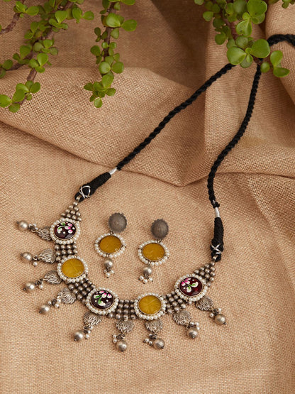 Yellow and multicolor choker necklace set, Rushvi by Naitri.