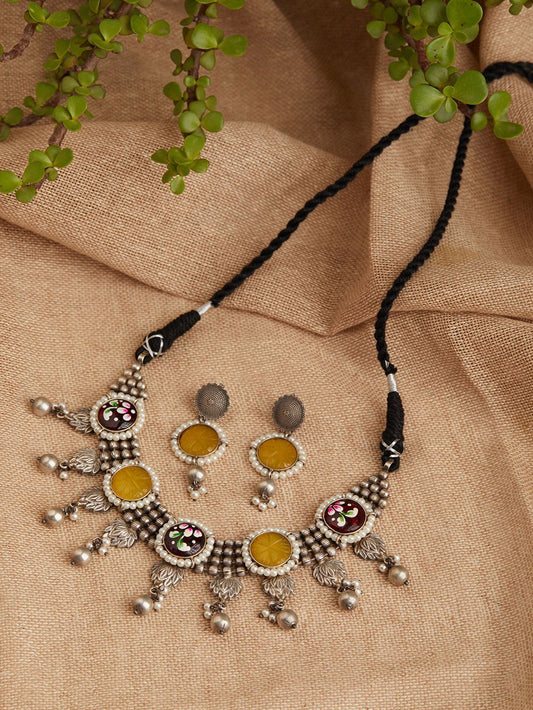 Yellow and multicolor choker necklace set, Rushvi by Naitri.