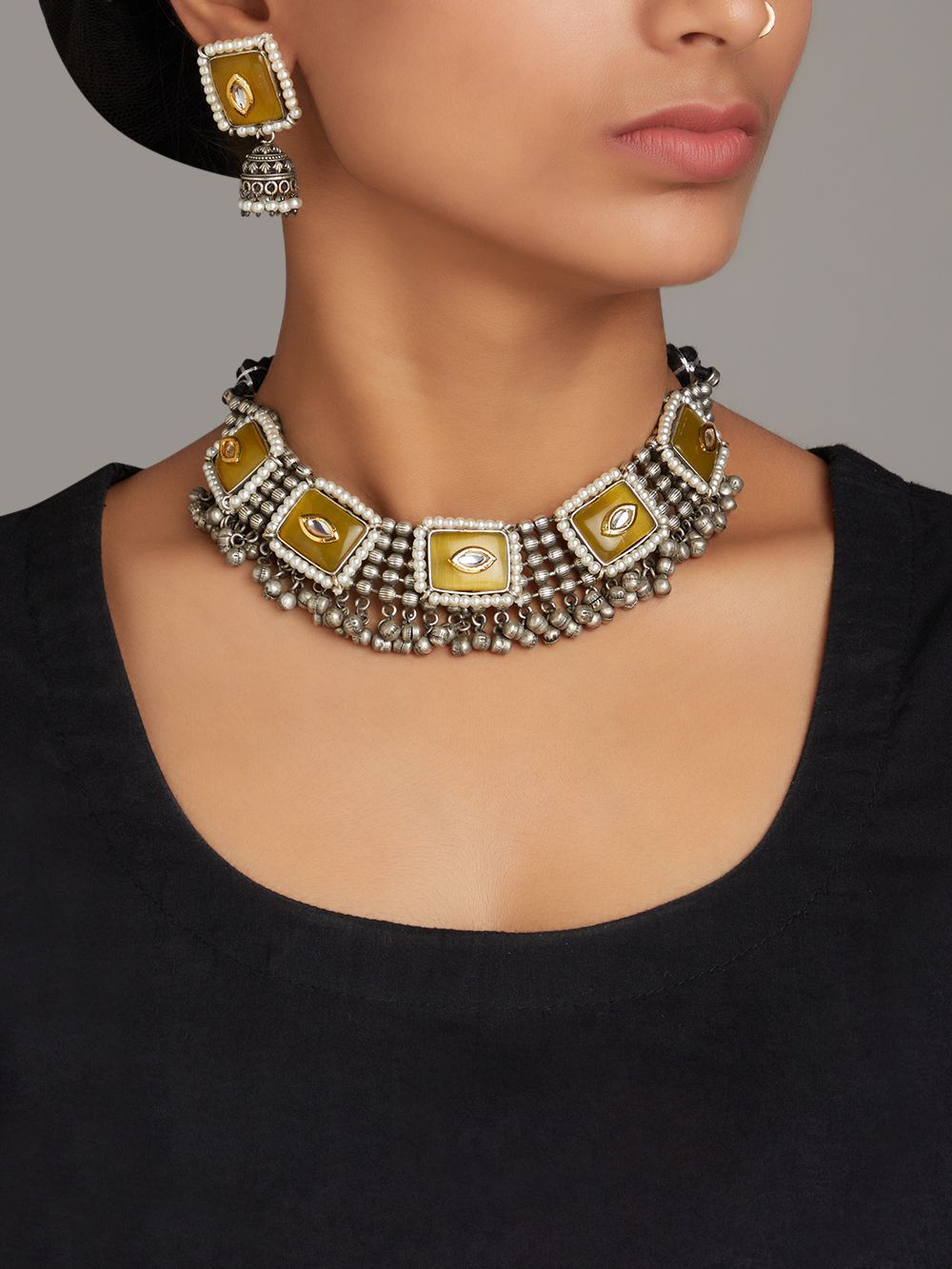 Kesar Brass Oxidised Choker Set by Naitri - Necklace