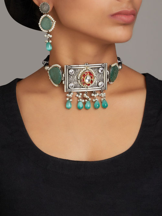 Green choker statement necklace set, Karishma by Naitri on white.