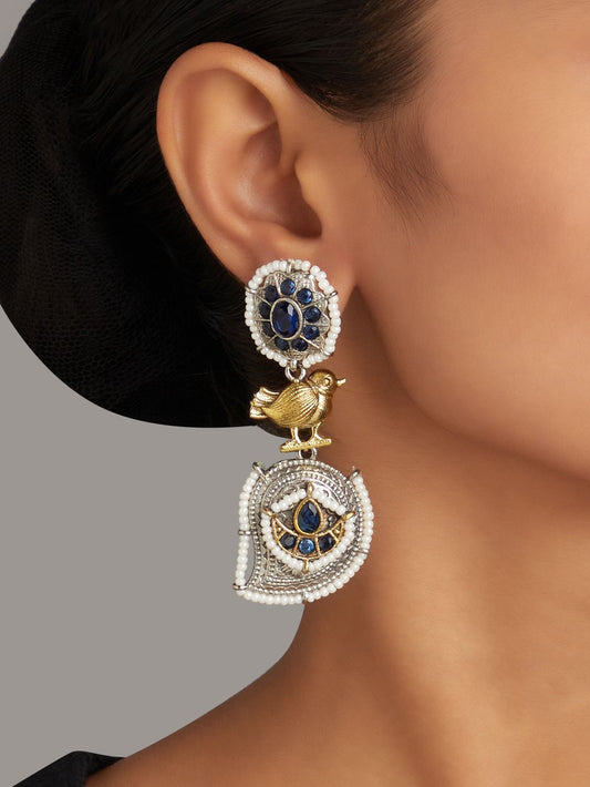 Yellow, blue, white, silver dangle and drop brass earrings, designer presentation