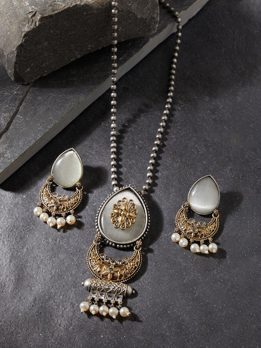 Gold and silver white dangle necklace set, Ziya by Naitri, beaded pendant.