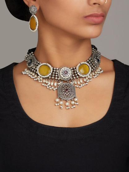 Yellow, multicolor and silver statement choker, Deveena by Naitri.