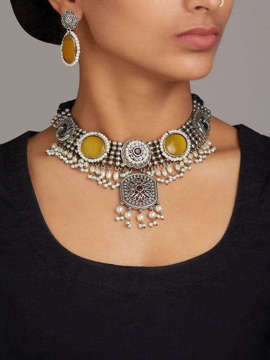 Yellow, multicolor and silver statement choker, Deveena by Naitri.