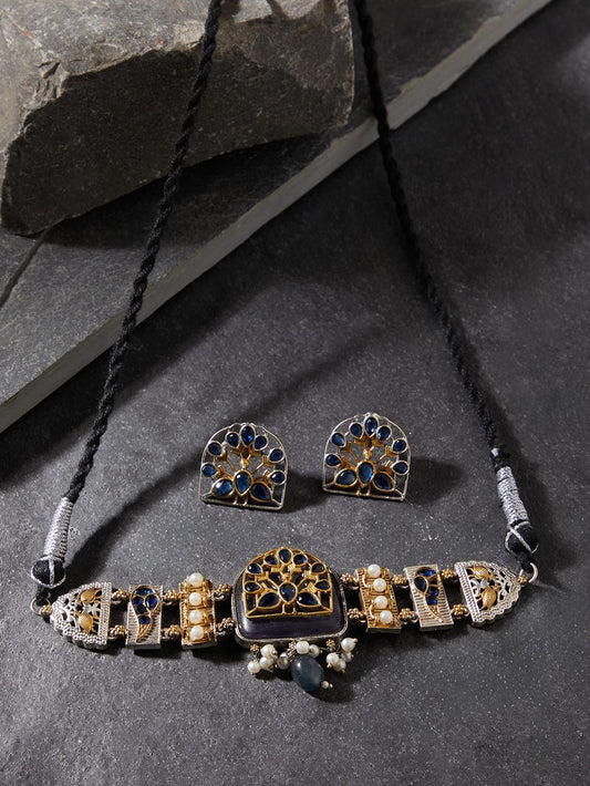 Gold and black choker necklace set, Piku by Naitri, handcrafted display.